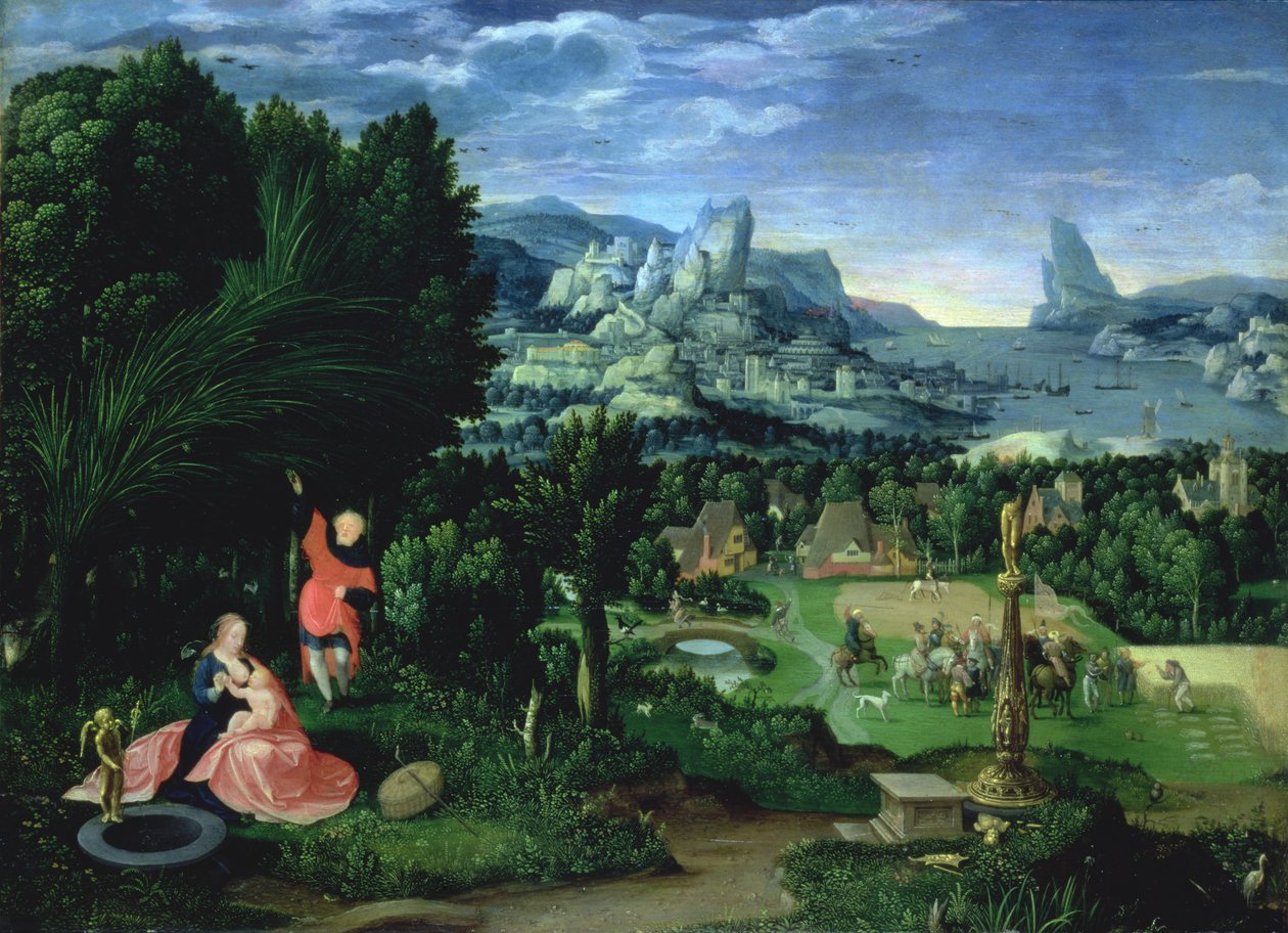飞往埃及的飞机休息，由Joachim Patinir绘制的风景画（1515-25）（小组） 作者 女性半身大师
