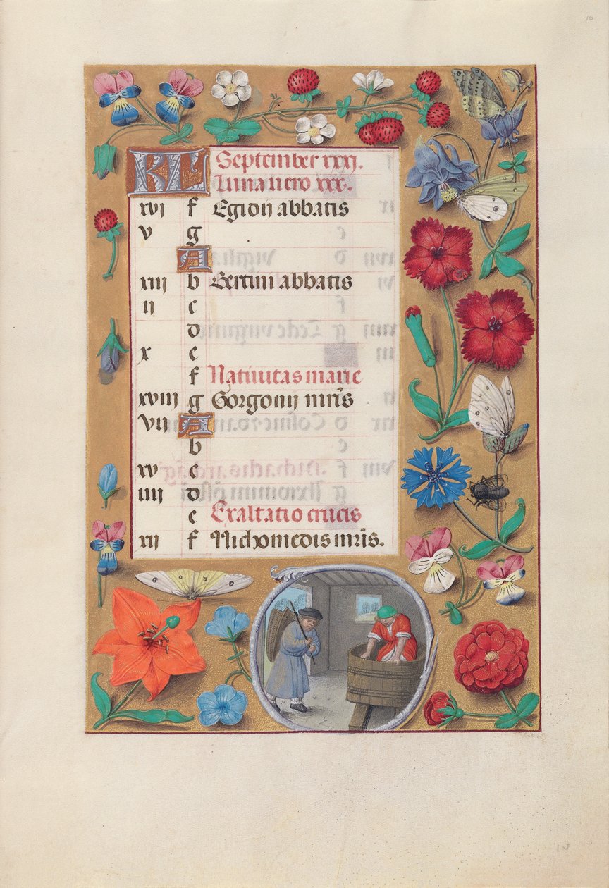 西班牙天主教女王伊莎贝拉的小时：  Fol.10r, 九月 作者 马克西米利安第一本祈祷书的硕士