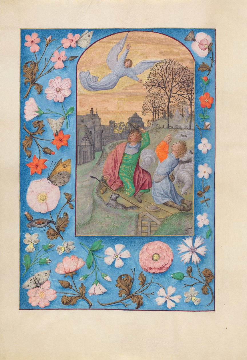西班牙天主教女王伊莎贝拉的小时：  Fol.131v，牧羊人的圣母领报 作者 马克西米利安第一本祈祷书的硕士