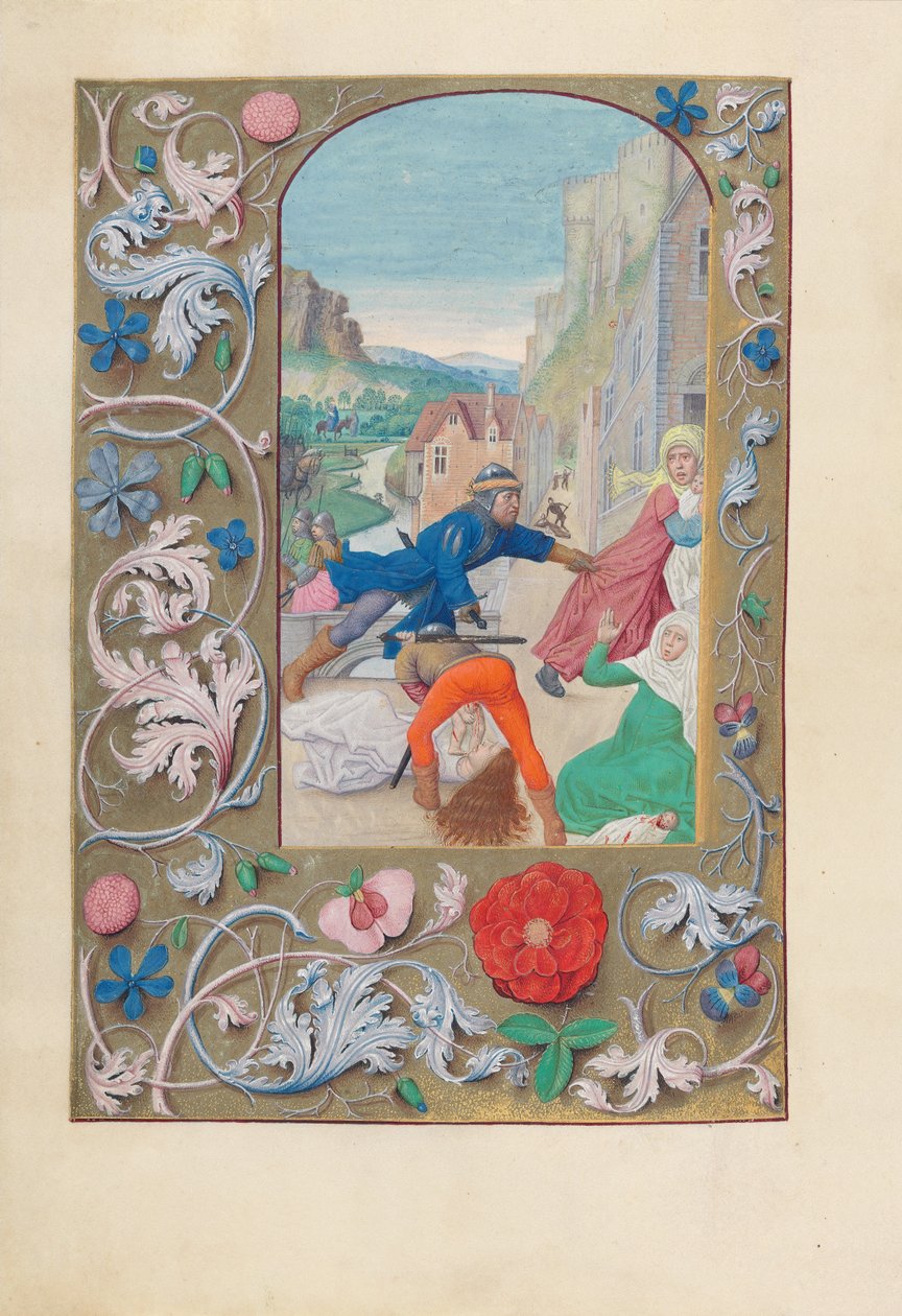 西班牙天主教女王伊莎贝拉的小时：  Fol.146v，屠杀无辜者和逃往埃及 作者 马克西米利安第一本祈祷书的硕士