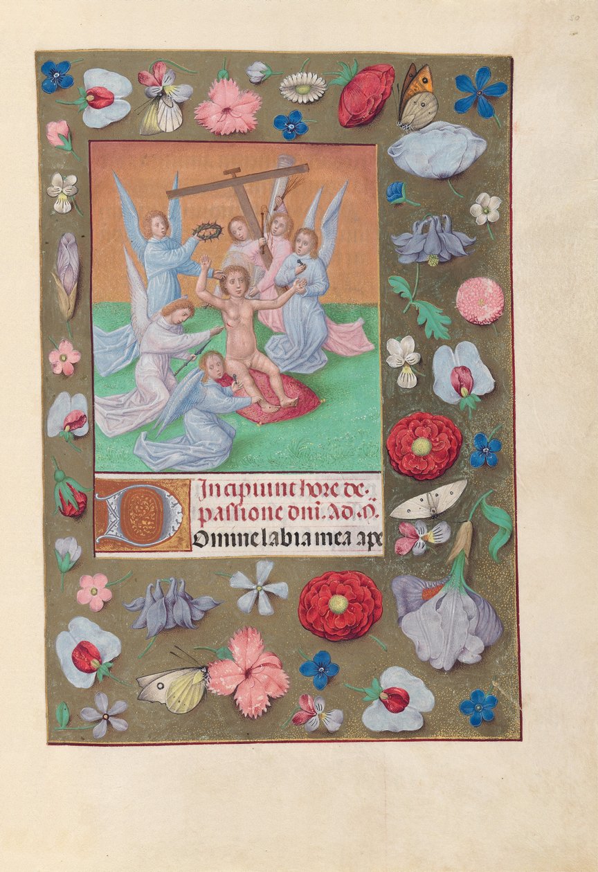 西班牙天主教女王伊莎贝拉的小时：  Fol.50r，耶稣圣婴与受难工具 作者 马克西米利安第一本祈祷书的硕士