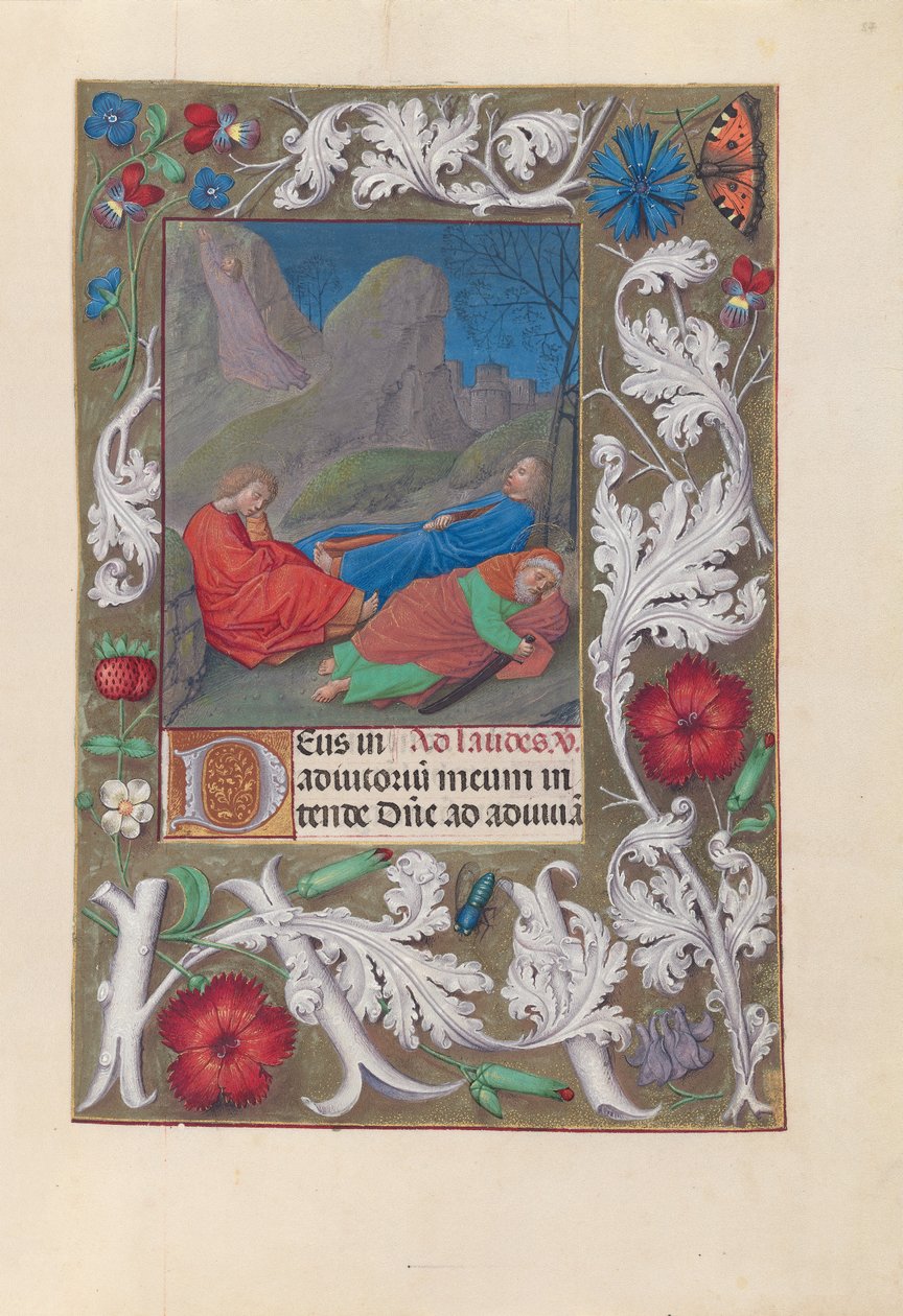 西班牙天主教女王伊莎贝拉的小时：  Fol.57r，花园中的痛苦 作者 马克西米利安第一本祈祷书的硕士