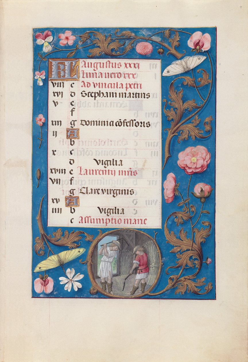 西班牙天主教女王伊莎贝拉的小时：  Fol.9r，八月 - 麦子脱粒 作者 马克西米利安第一本祈祷书的硕士