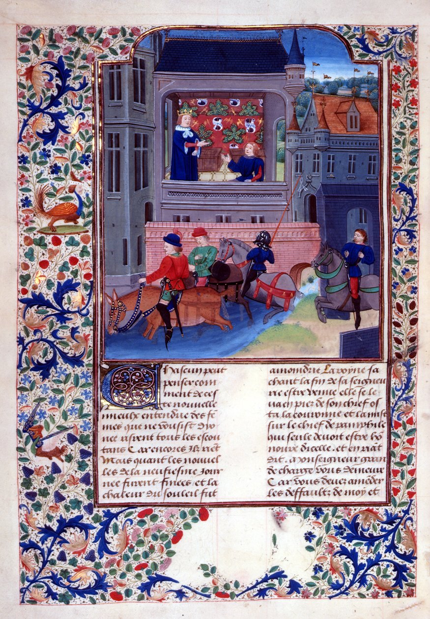 Add.35323 fol.156v Ruggiero 和他的同伴骑马过河，选自《十日谈》第十卷第一章，约 1475 年（牛皮纸） 作者 哈雷·弗洛萨尔特的主人