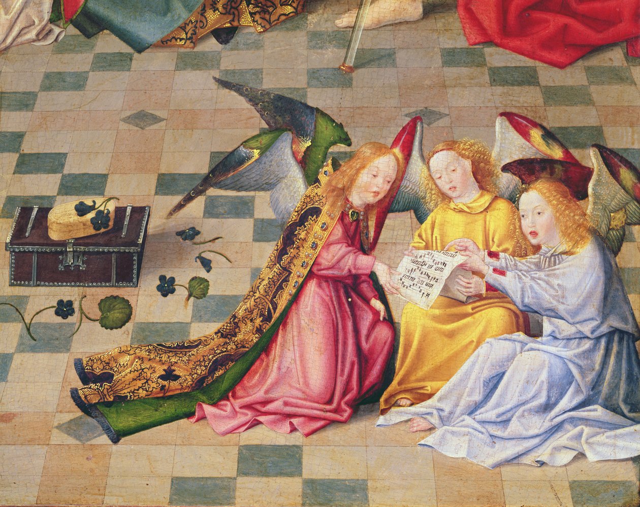 天使音乐家，来自圣母七仙女祭坛的右侧小组，c.1480（木油）（细节215399） 作者 神圣家族的主人