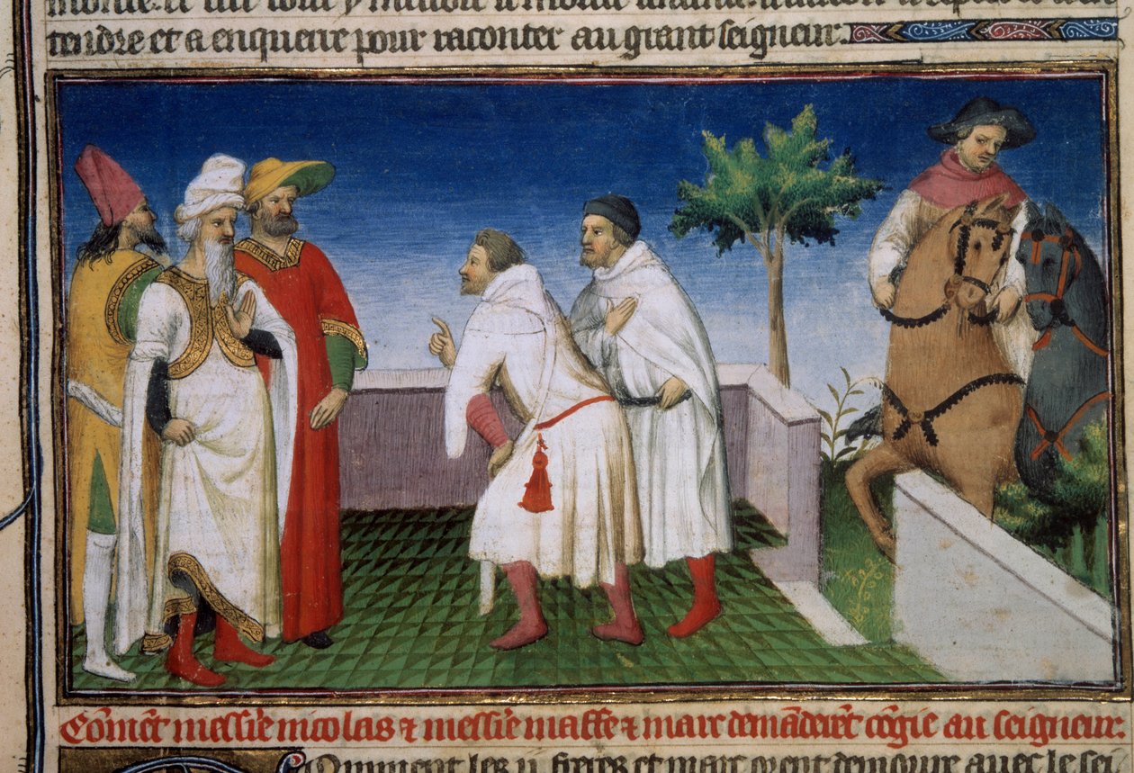 波罗兄弟Matteo和Niccolo向Qubilai（忽必烈汗，蒙元王朝的第一个皇帝（1215-1294））索要粥。微型画取自《奇迹之书》（"世界的偏离"，"Il Milione"）第2820页第6页。恩鲁 作者 玛扎琳大师