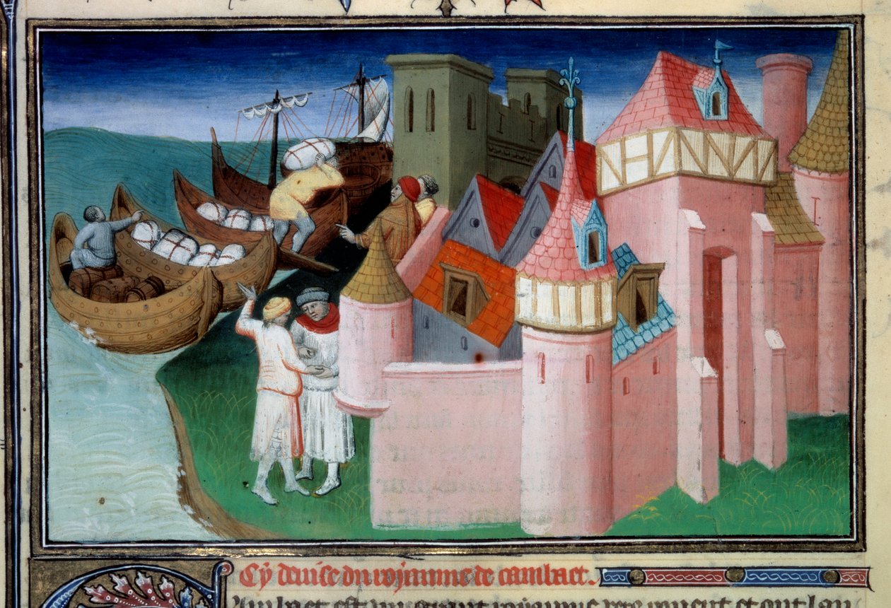 Unloading of balls in the city of Khambhat, India. Miniature in “” The Book of Wonders”” (“” Devisement du monde”, “” Il Milione”) Ms2810, Folio 86v. Manuscript enlubed by the Master of Mazarine and written by Marco Polo (1254-1324), ca. 1410-1412. BN, Par 作者 玛扎琳大师