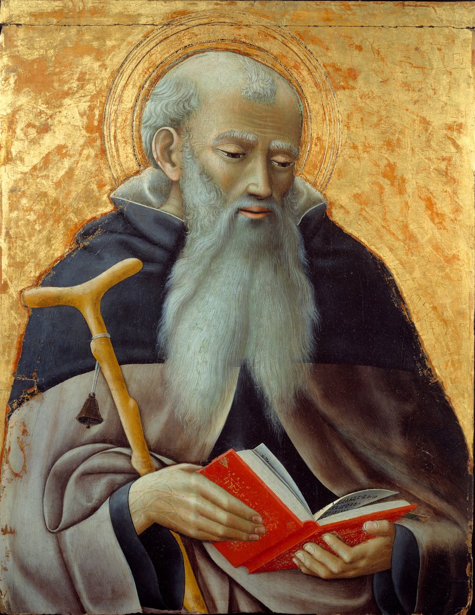 圣安东尼，圣安东尼大帝（250/251-356）（或隐士圣安东尼）的阿贝代表。 在观察大师（活跃于 1425-1450 年左右）太阳的木头上作画。 0,73x0,59 米 作者 Osservanza的主人