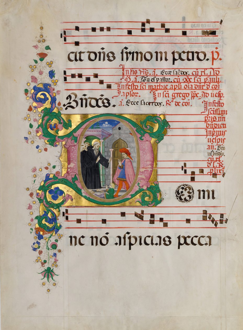 圣本尼迪克特在首字母D中救活一个男孩的手稿叶子，来自Antiphonary。 作者 Riccardiana Lactantius 的主人