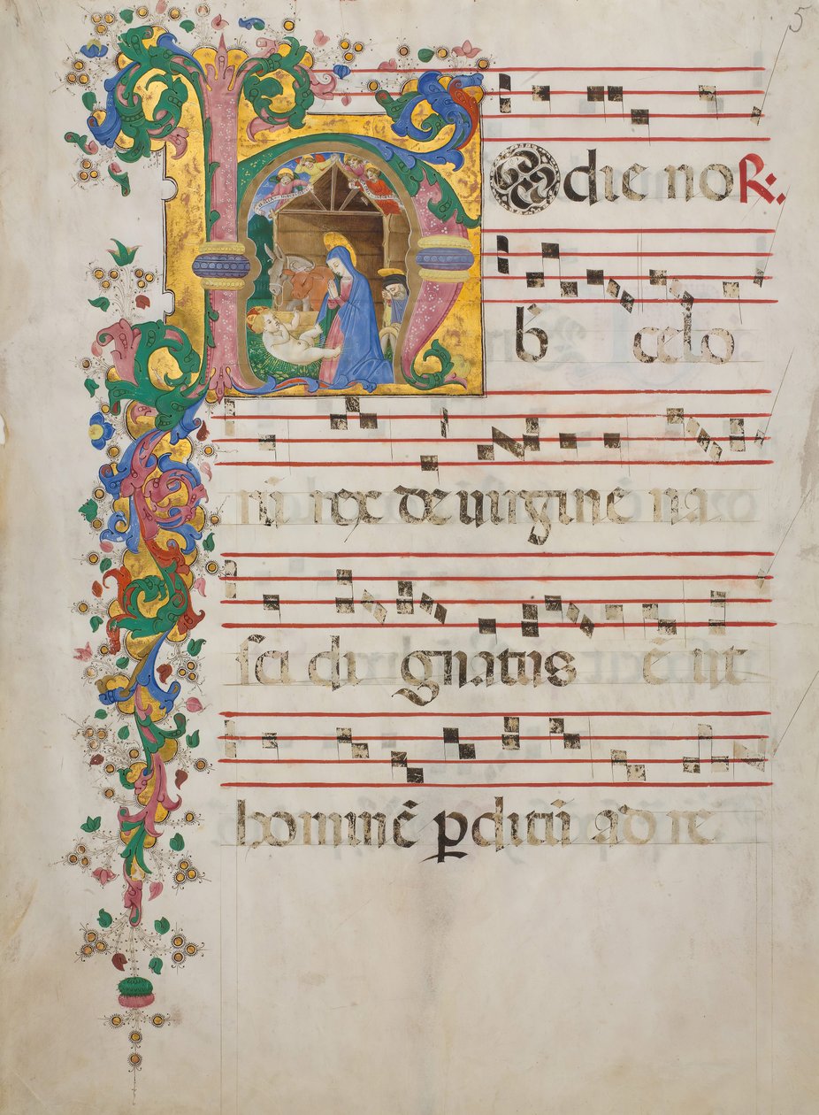 带有首字母H的耶稣诞生的手稿叶子，来自意大利的Antiphonary，15世纪下半叶 作者 Riccardiana Lactantius 的主人