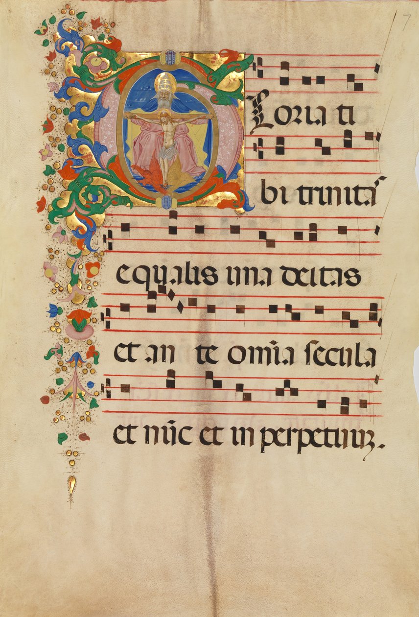 三位一体的首字母G的手稿叶子，来自15世纪下半叶的Antiphonary。 作者 Riccardiana Lactantius 的主人