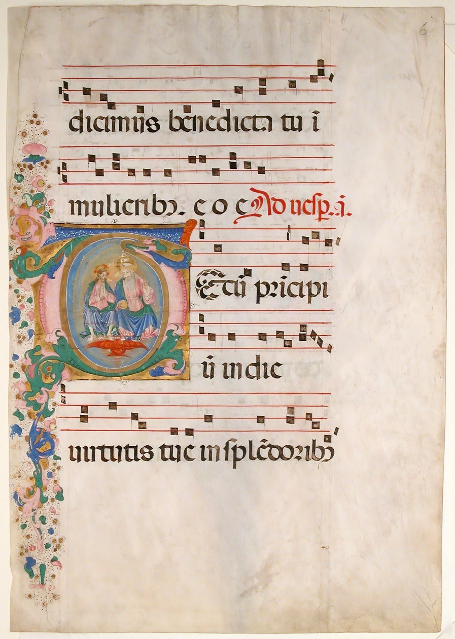 带有三位一体首字母T的手稿叶子，来自15世纪下半叶的Antiphonary。 作者 Riccardiana Lactantius 的主人