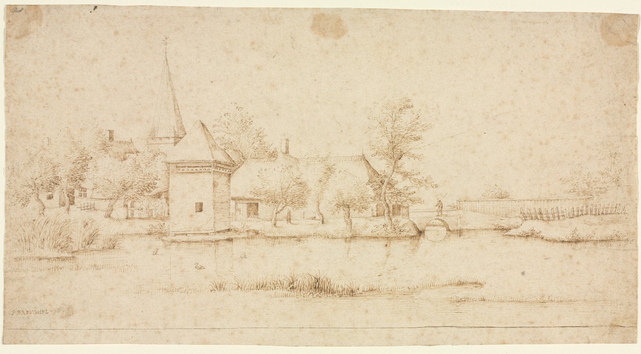 带护城河村庄的风景，1559-1561。 作者 小风景大师