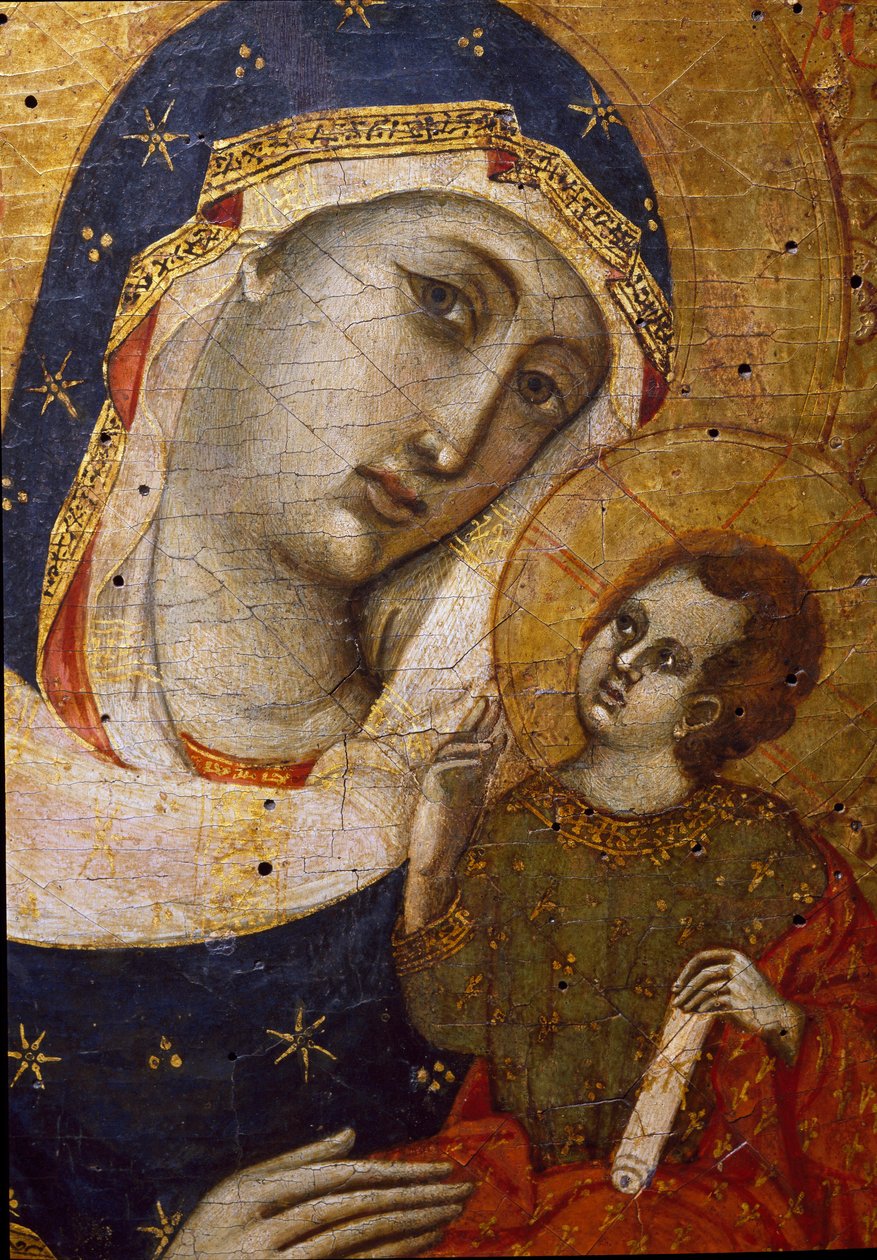 Virgin with child 细节 - 在双联画 Sterbini（14 世纪）大师的木头上作画，昏暗 33,5x26,7 厘米座位，Museo del Tesoro della Basilica di San Francesco 作者 Sterbini Diptych大师