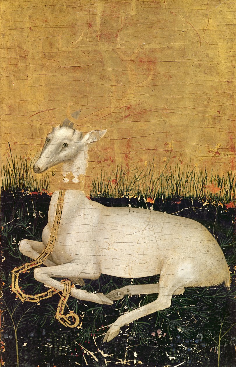 白鹿，来自&39;The Wilton Diptych&39;c.1395-99（橡树上的蛋蛋）（反面） 作者 威尔顿双节制大师