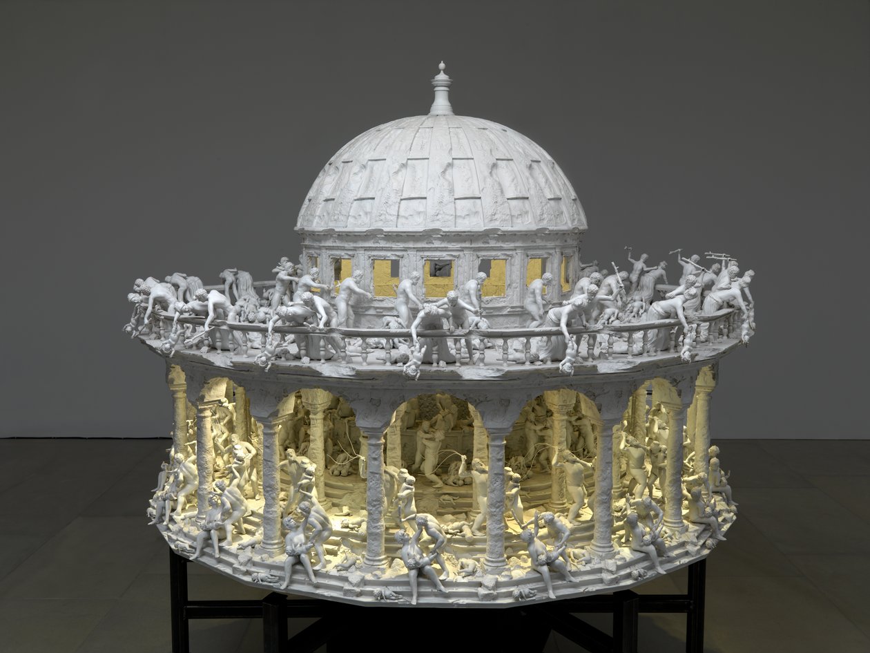 万物坠落，2014（钢、铝、石膏、树脂、LED 灯、马达） 作者 马特·科利肖