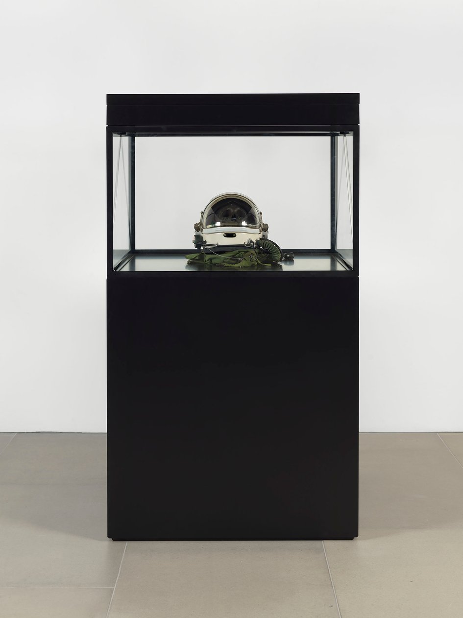 阿尔法-欧米茄，2016（玻璃、液晶屏、媒体播放器、仿制头骨、太空头盔、木材） 作者 马特·科利肖