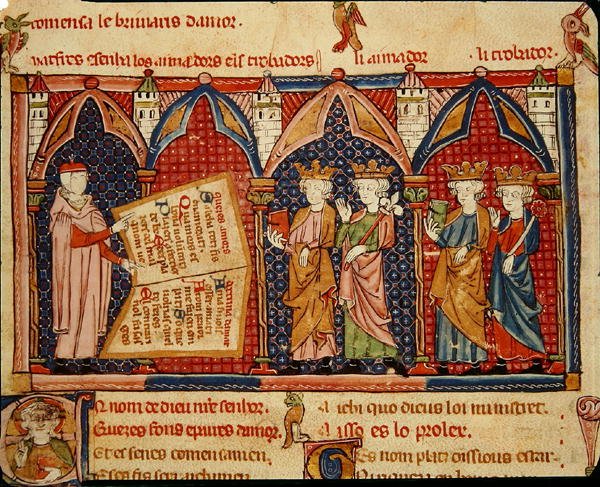 Fol.5v Master Ermengaut将他的书呈现给四位国王 作者 Matfre Ermengaut