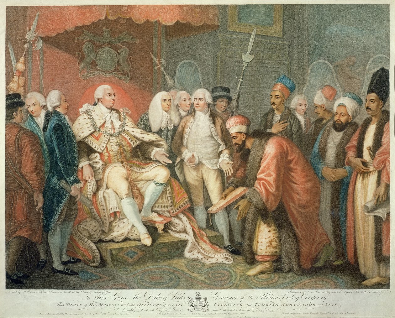 接受土耳其大使和诉讼的国王陛下和官员，由Daniel Orme（1767-p.1832）镌刻，酒吧。作者：Edward Orme，1797年（点画雕刻） 作者 马瑟·布朗