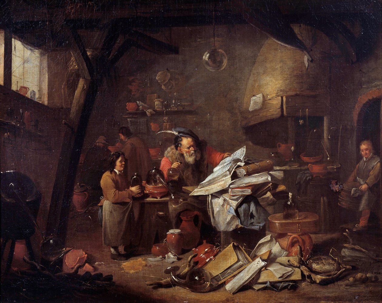 炼金术士实验室内部 马修斯-凡-赫尔蒙（1623-1679）的绘画 17世纪 蒙彼利埃法布尔博物馆 作者 Matheus van Helmont
