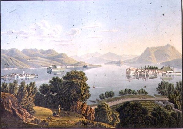 马焦雷湖和波罗米亚群岛景观（Vue du Lac Majeur et des Isles Boromees）（雕刻）。 作者 马蒂亚斯·加布里埃尔（后）洛里