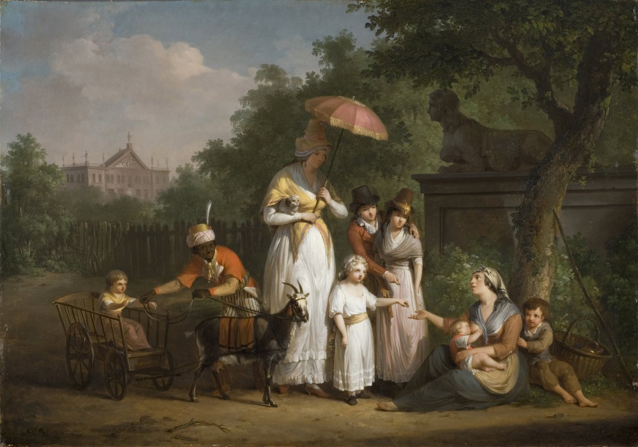 一个贵族家庭在公园里分发施舍 - A Noble Family Distributing Alms in a Park，Bree, Mathieu Ignace van (1773-1839)。 木头上的油 作者 马修·伊格纳斯·范·布里