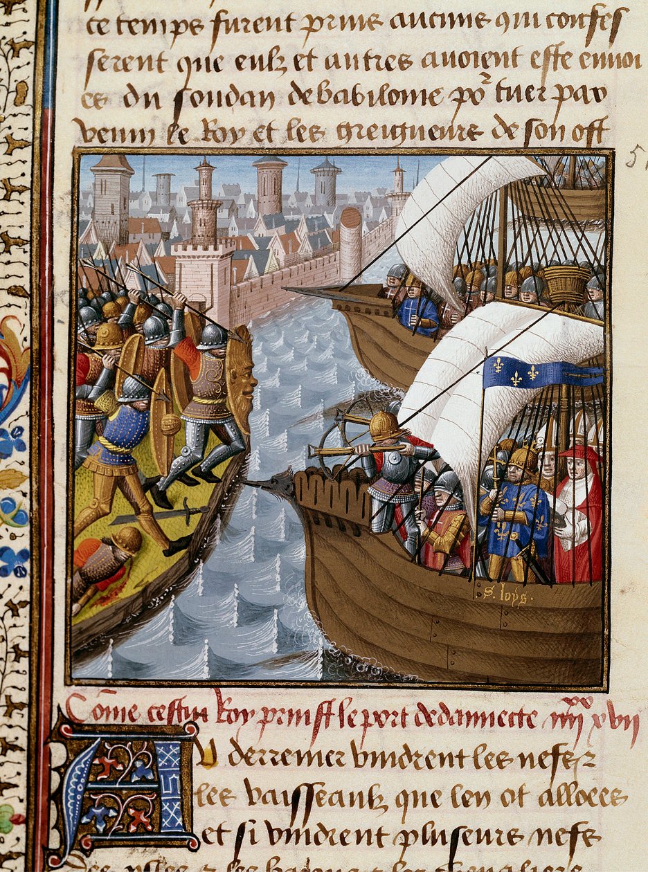 Seventh Crusade: King Saint Louis (1214-1270) and the crossings besieging Damietta in June 1249 in Lower Egypt. Miniature taken from the manuscript “Speculum historiale”” (Le Mirror historial) by Vincent de Beauvais (1184/94-1264) enluminated by the Master 作者 弗朗索瓦夫人