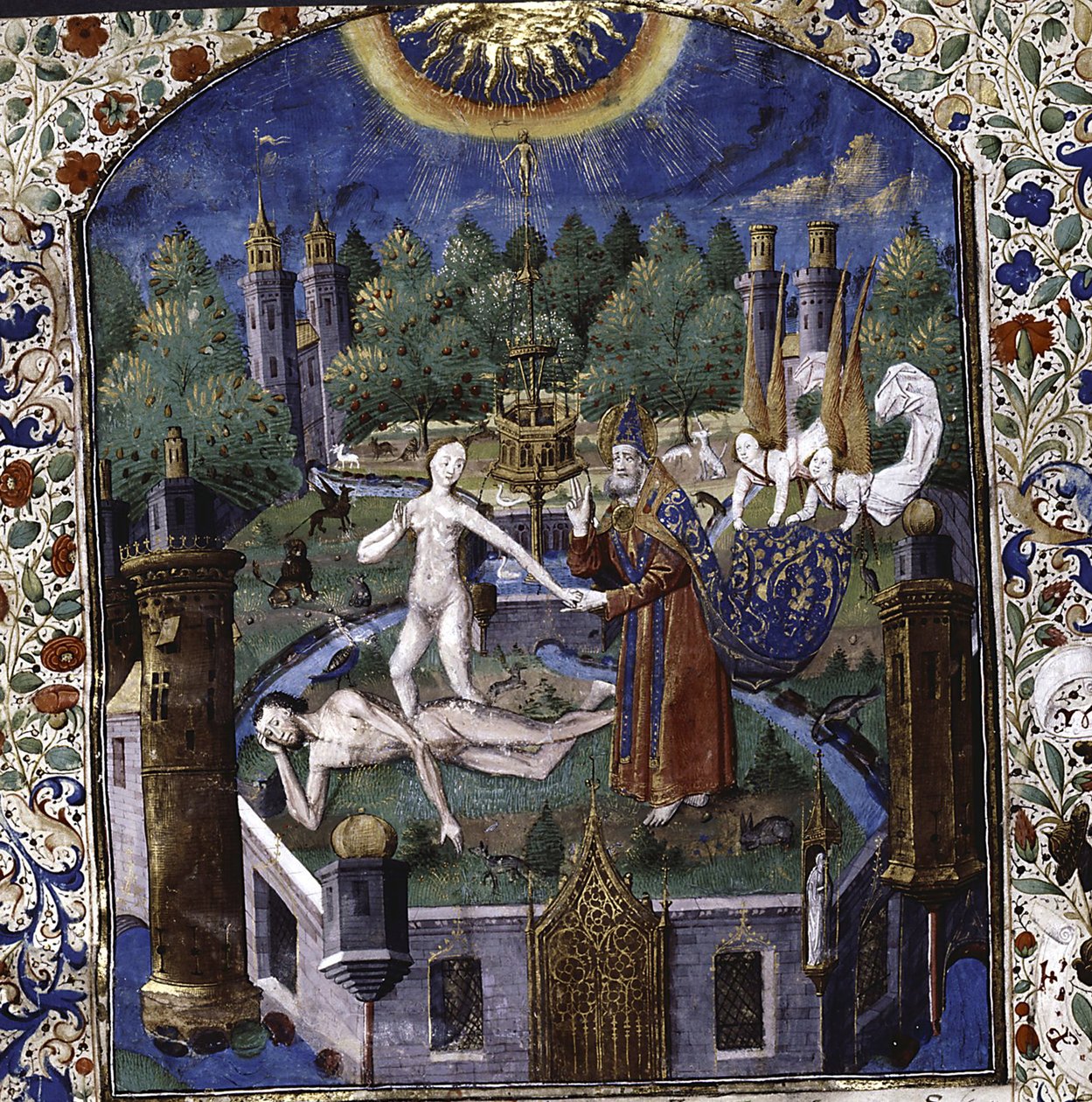 乔凡尼·博卡乔（1450-1475年）从沉睡中的亚当（Adam From De cleres et nobles femmes）的身体创造出夏娃 作者 弗朗索瓦夫人