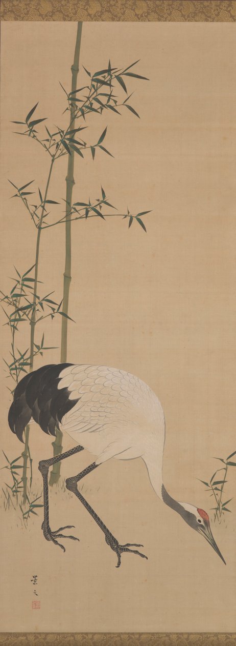 鹤、竹、松，江户时代（丝绸上的水墨颜料） 作者 松村庆文