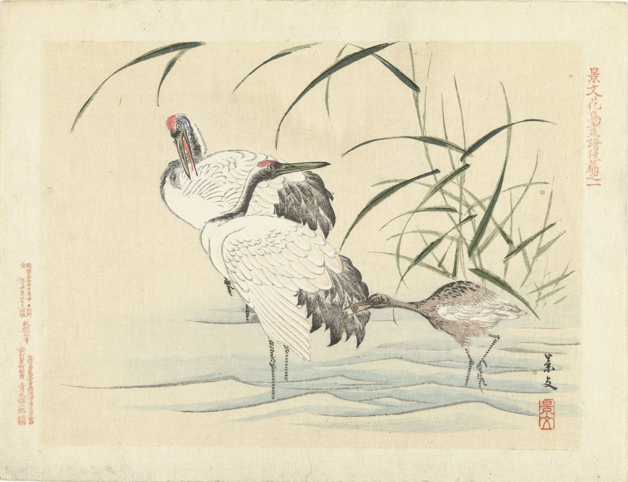 两只鹤与幼鹤
敬文的花鸟素描--第三部分（系列标题）
Keibun kacho gafu kohen（物体上的系列标题） 作者 松村庆文