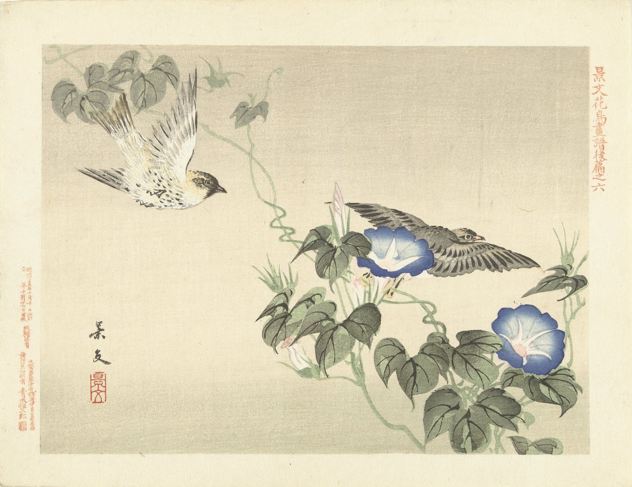 两只鸟在蓝花楹附近飞翔
Keibun 的花鸟素描--第三部分（系列标题）
Keibun kacho gafu kohen（物体上的系列标题） 作者 松村庆文
