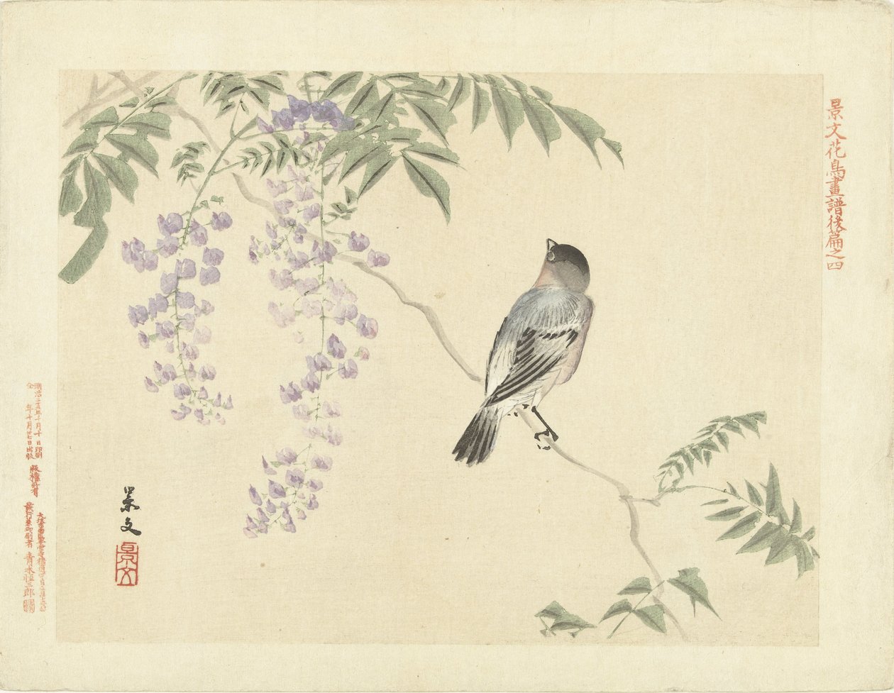 紫藤枝上的鸟
Keibun 的花鸟素描--第三部分（系列标题）
Keibun kacho gafu kohen（物体上的系列标题） 作者 松村庆文