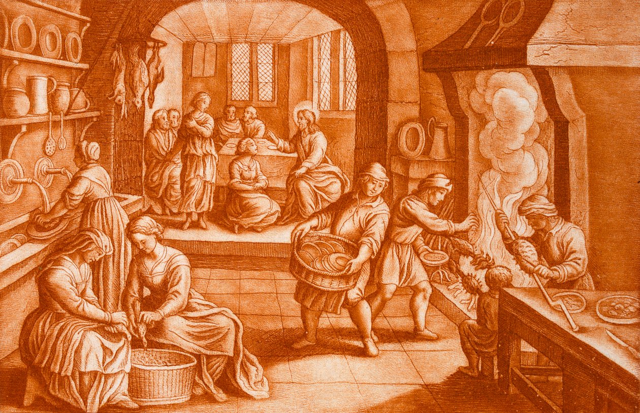 马利亚和马大的故事》，《圣经》中的插图。 作者 马陶斯二世梅里安