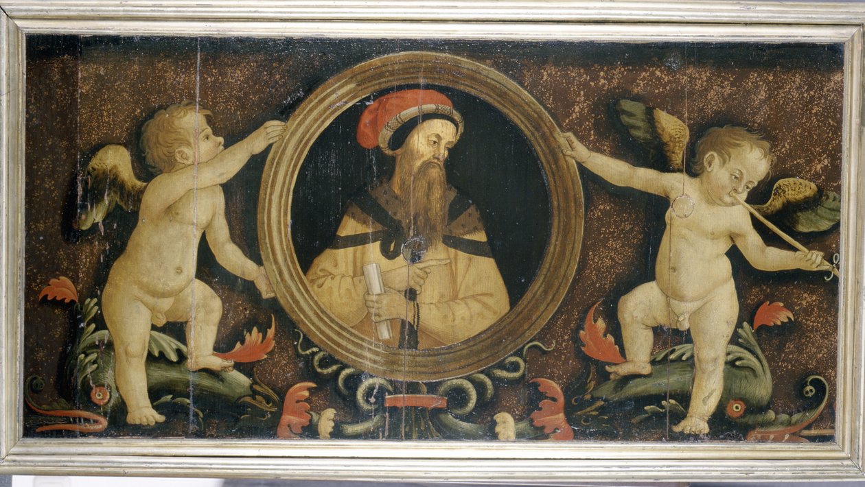 与putti，c.1510-15（松树上的蛋彩画）的男性肖像 作者 马蒂奥·迪朱利亚诺·迪·洛伦佐·巴尔杜奇