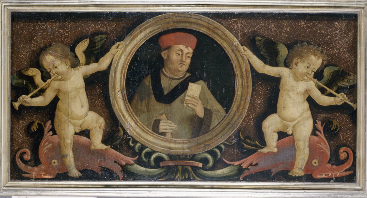 与putti，c.1510-15（松树上的蛋彩画）的男性肖像 作者 马蒂奥·迪朱利亚诺·迪·洛伦佐·巴尔杜奇