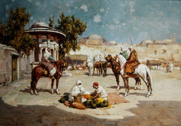 市场广场上的阿拉伯勇士，约1910年（油画）。 作者 Matteo Da Angelo Rossotti