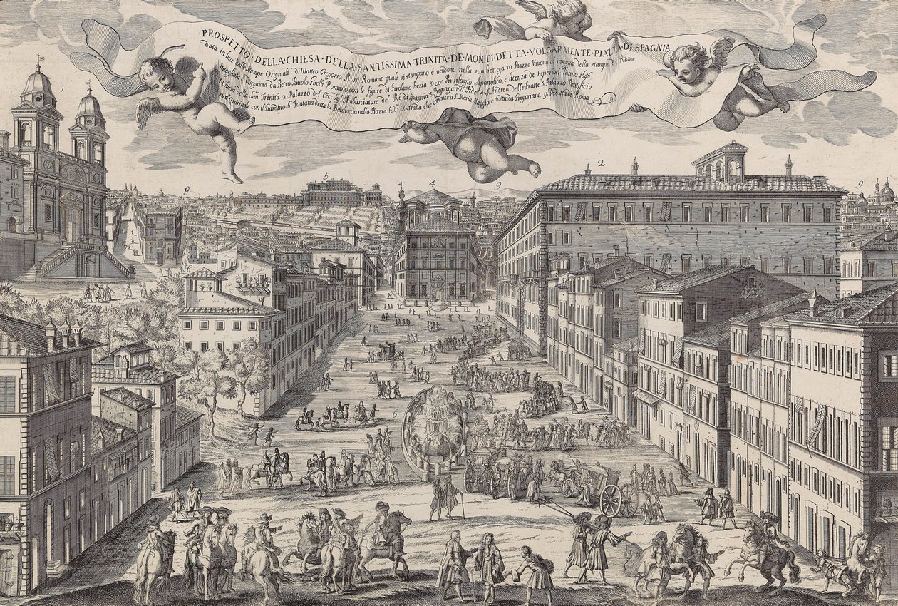 Santissima Trinita de Monti（俗称斯帕尼亚广场）教堂的前景图，1696年。 作者 马泰奥·格雷戈里奥·德·罗西