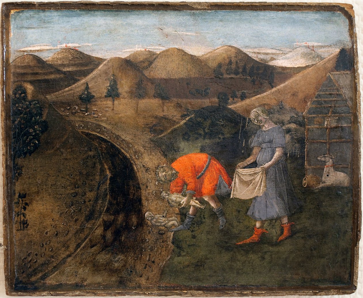 Legend of Romulus and Remus: Romulus and Remus collected by the shepherd Faustulus. Painting by Matteo di Giovanni (1430-1495), detrempe on wood, 29.5 x35 cm. Italian art 15th century. Musee des Beaux Arts de Libourne. 作者 马蒂奥·迪·乔瓦尼·迪·巴托洛