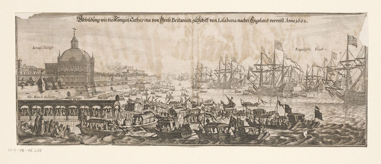 1662 年 4 月 20 日，舰队随布拉干萨的凯瑟琳启程前往英格兰
Abbildung wie die Königin Catharina von Gross Britanien zu Schiff von Lisabona nacher England verreist.1662 年（标题见实物）
布拉干萨的凯瑟琳与英格兰人的婚姻 作者 马修·梅里安 (II)