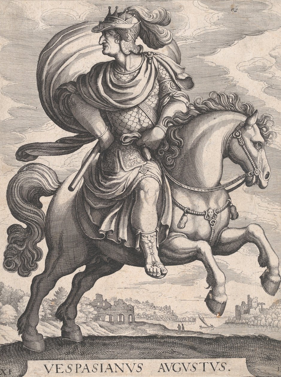 马背上的维斯帕先皇帝，出自《罗马第一十二位凯撒》系列，板块1...，1610-50。 作者 马特乌斯·梅里安