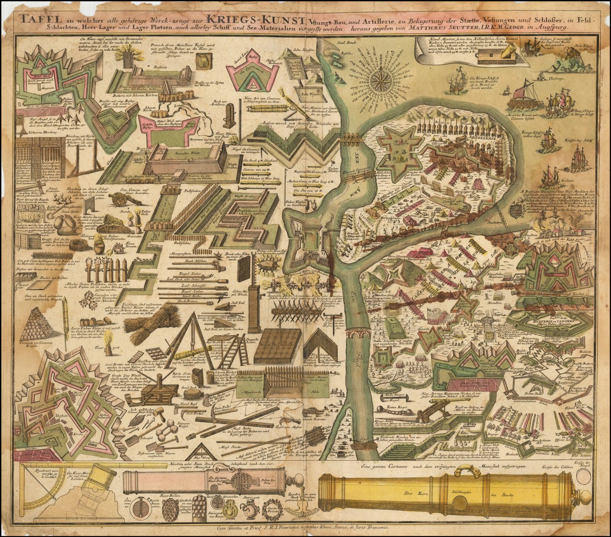 1720 年 Seutter 绘制的寓意地图，展示了陆地和海上的战争艺术 作者 马修塞特