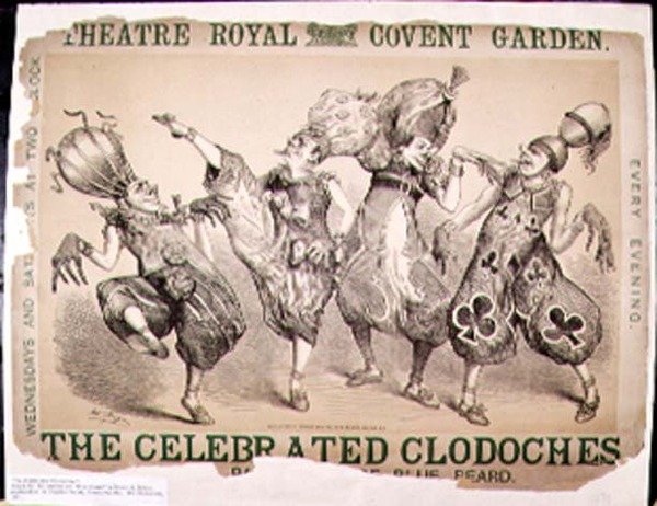 着名的Clodoches，由Henry J. Bryon制作的Blue Beard哑剧的海报，于1871年在伦敦考文特花园皇家剧院制作 作者 马修·萨默维尔·摩根