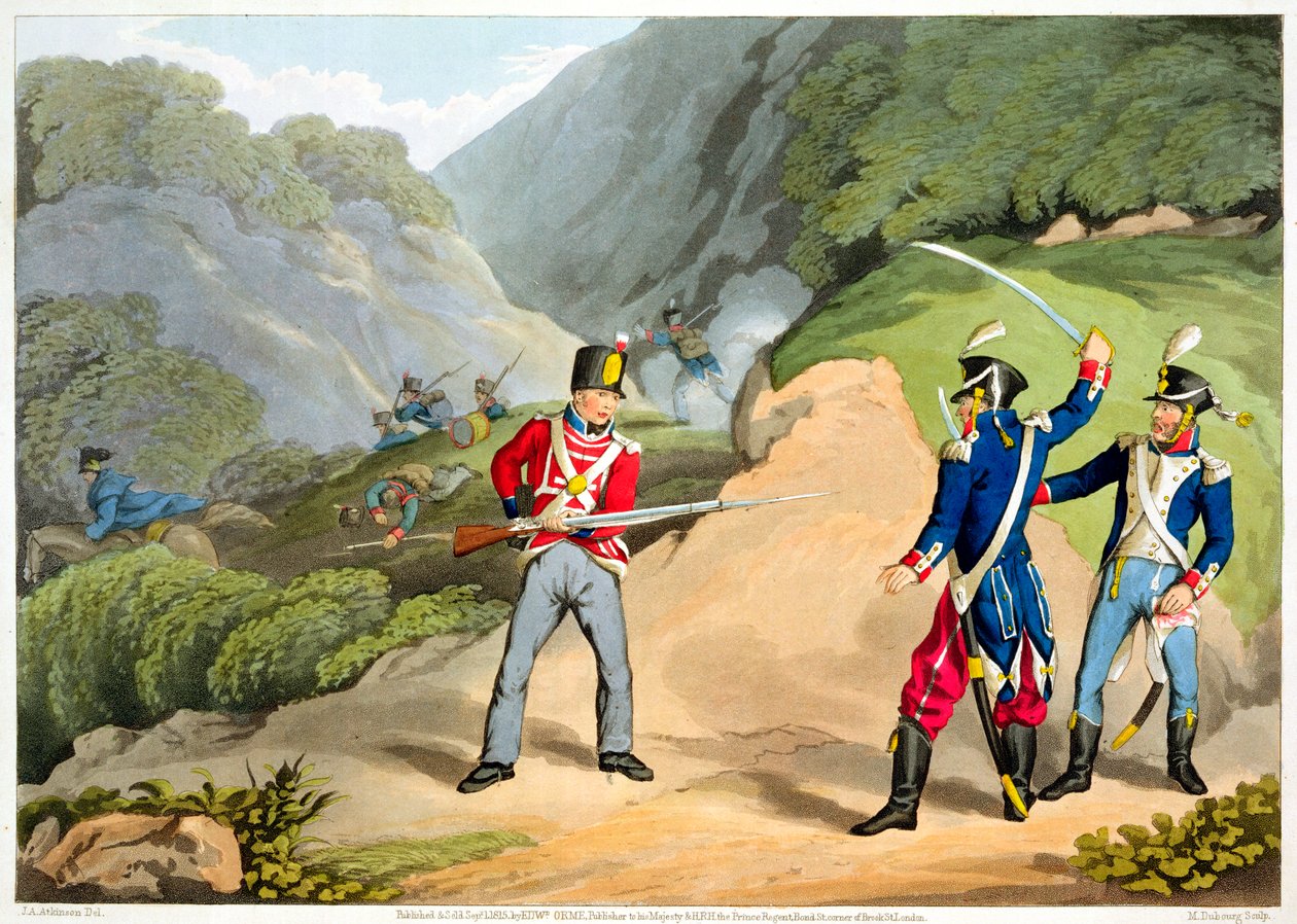 一个英国士兵在比利牛斯山战役中带走两名法国军官》，1813年1816年 作者 马修·杜伯格