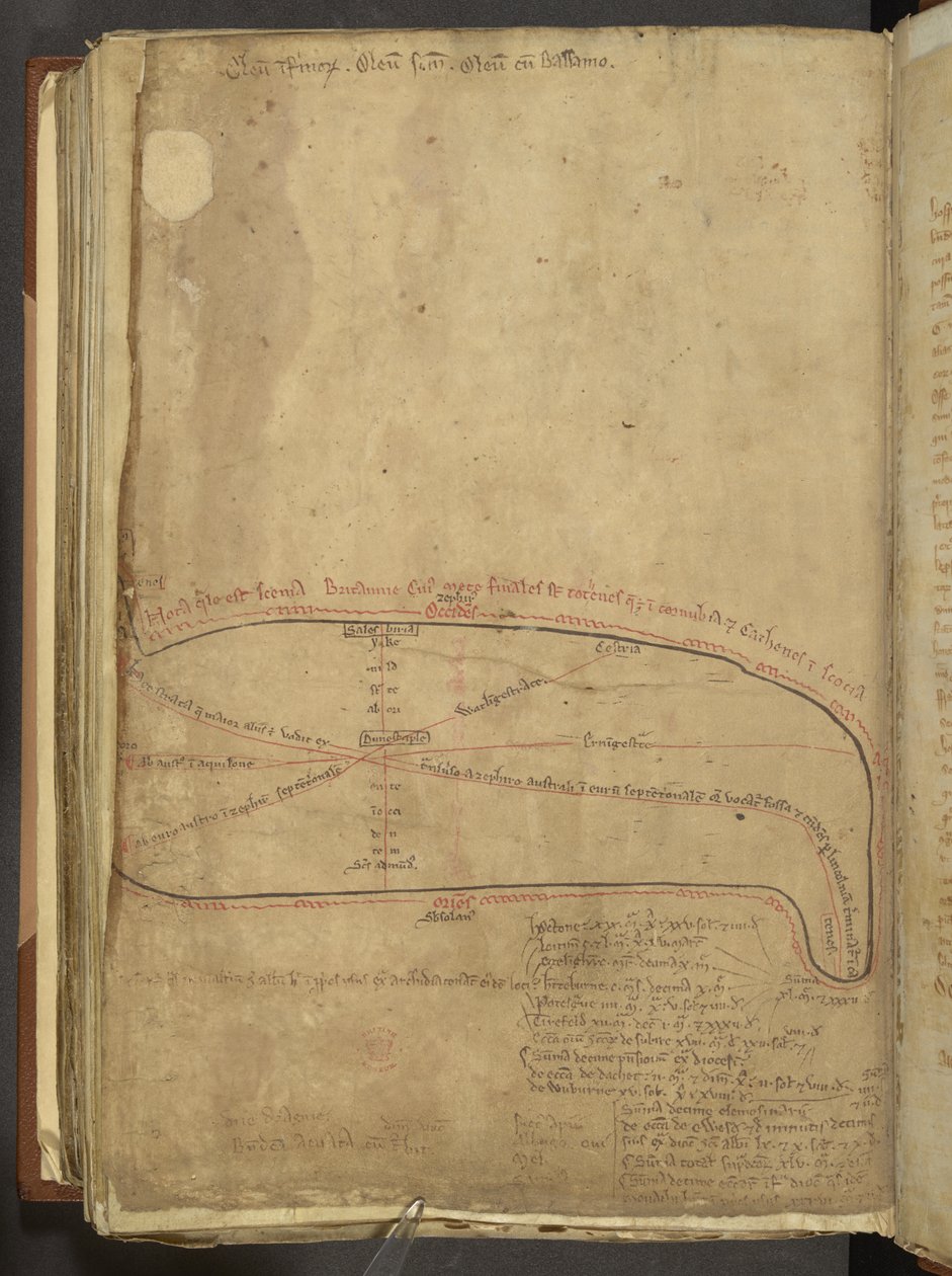 Cotton MS Nero D 1 f.187v 罗马军事道路，摘自《Liber Additamentorum》，约 1250-54 年（牛皮纸）。 作者 马修·巴黎