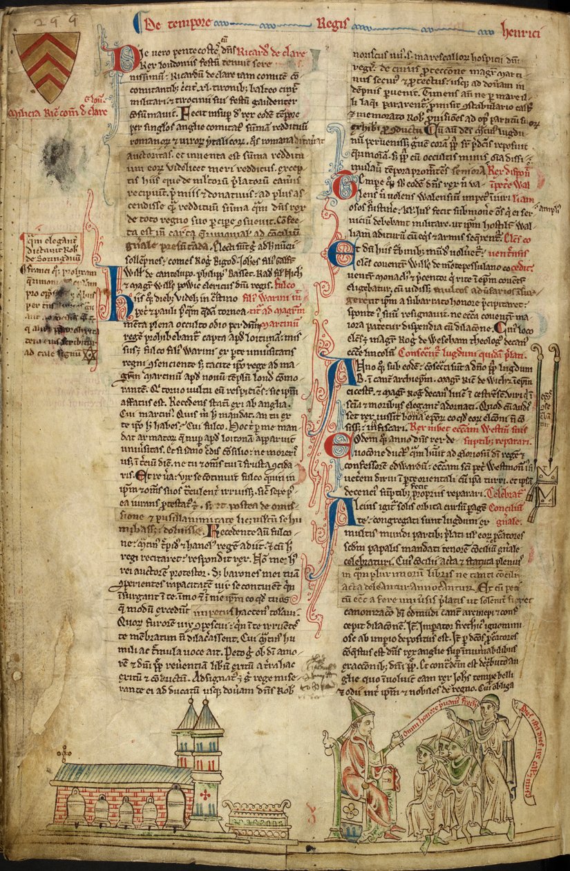 皇家 14C VII, f.138v 威斯敏斯特大教堂和圣爱德华神殿；右侧为里昂会议上的教皇英诺森四世，插图选自《Historia Anglorum 作者 马修·巴黎