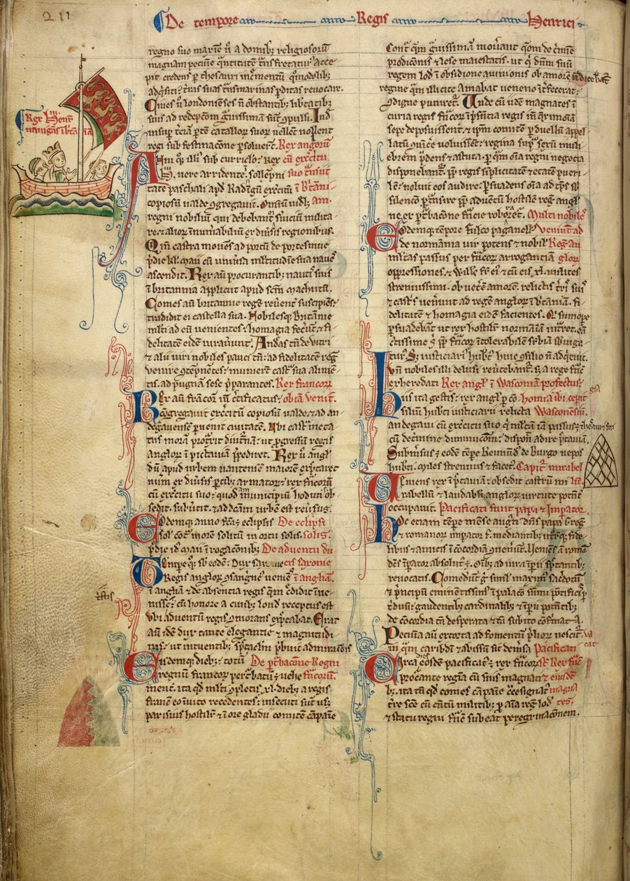 皇家 14 C. VII, f.116v 国王亨利三世横渡英吉利海峡前往布列塔尼的边饰图，部分文字由作者亲笔书写，插图选自《Historia Anglorum》。 作者 马修·巴黎