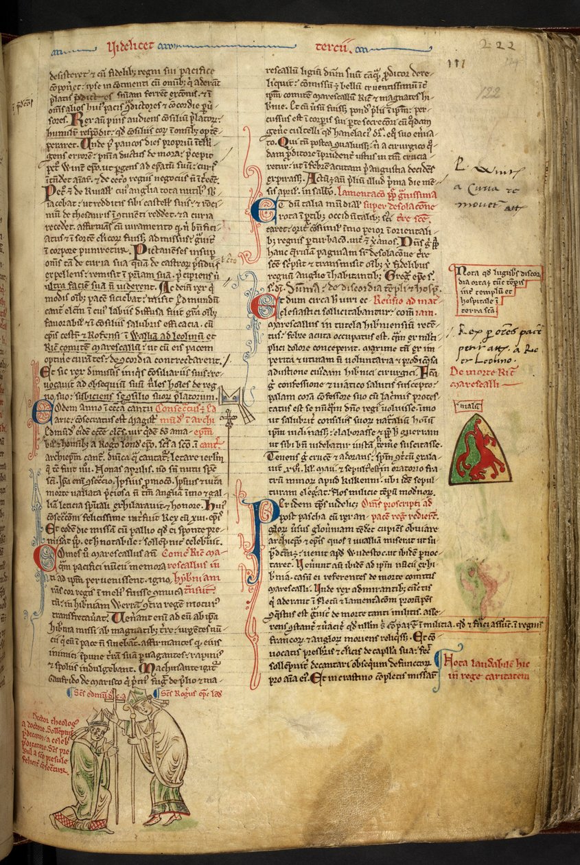 皇家 14 C. VII f.122r 伦敦主教罗杰-奈杰尔祝圣阿宾顿的埃德蒙为坎特伯雷大主教，上方刻有他们的名字，插图选自《Historia Anglorum》，约 1250-59 年（牛皮纸） 作者 马修·巴黎