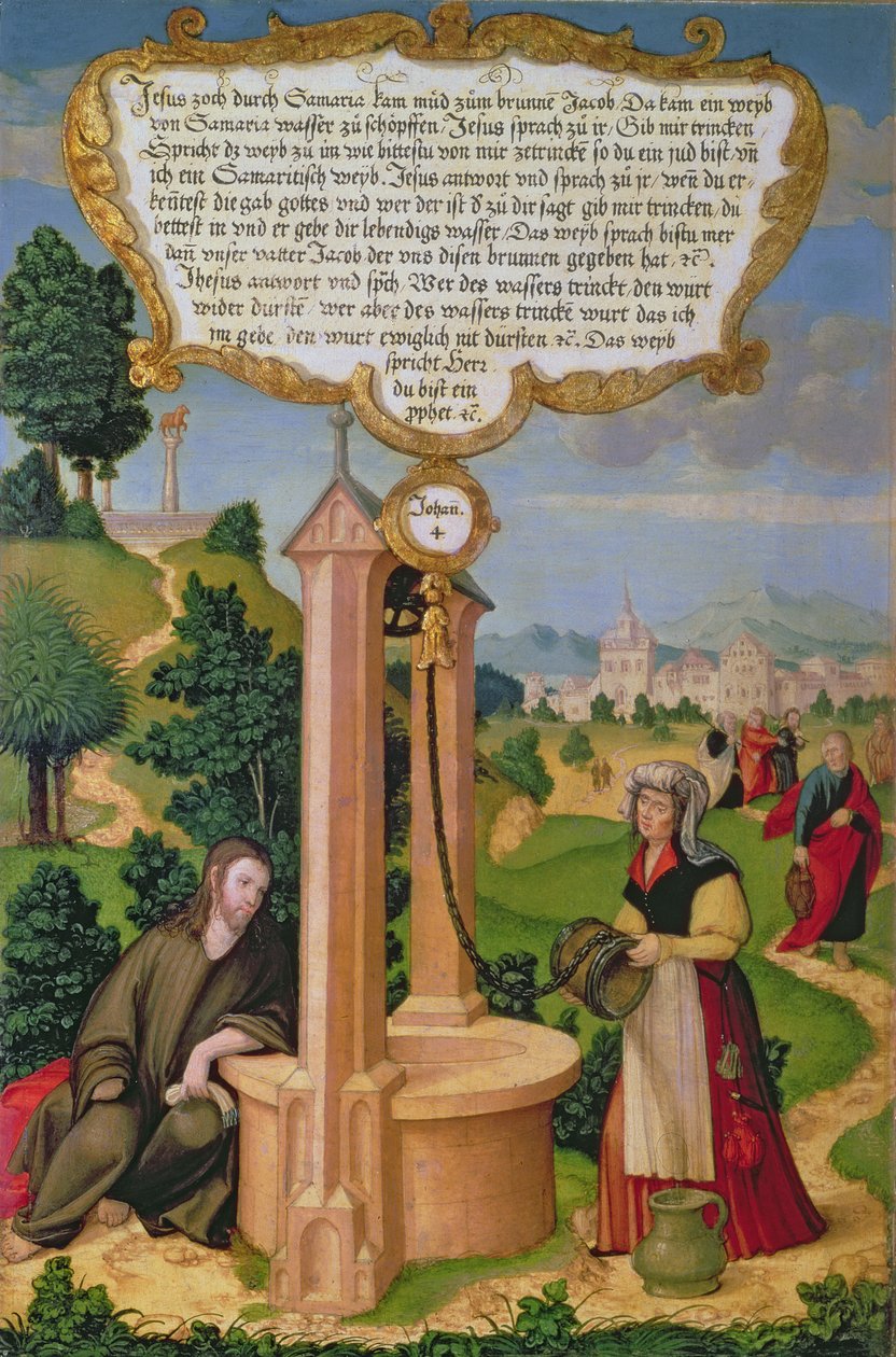 来自雅各布井的撒玛利亚的基督和女人，来自Mompelgarter Altarpiece（小组）的翼板部分 作者 马蒂亚斯·格隆或格鲁