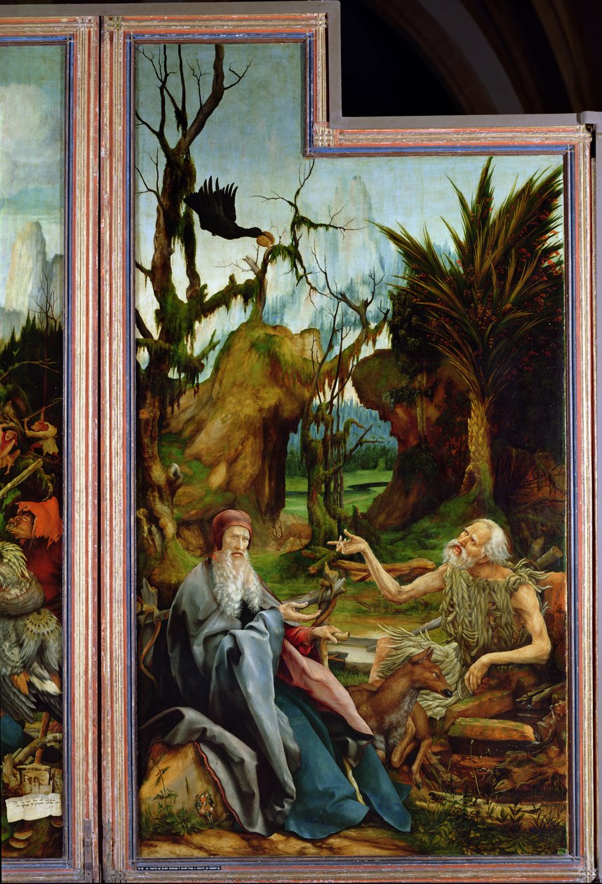 圣安东尼和圣保罗，详细信息来自Isenheim Altarpiece，c.1512-16 作者 马蒂亚斯·格鲁内瓦尔德