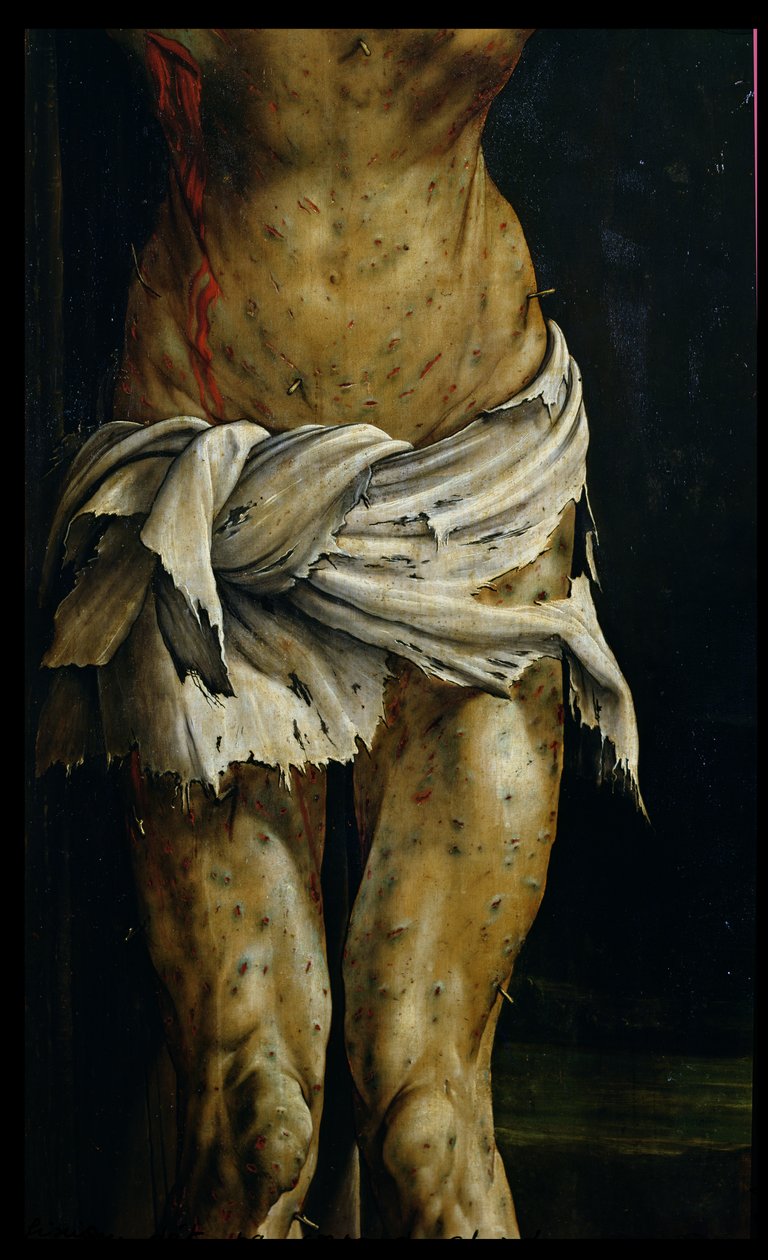来自Isenheim祭坛的十字架，基督身体的细节，c.1512-16油面板细节 作者 马蒂亚斯·格鲁内瓦尔德